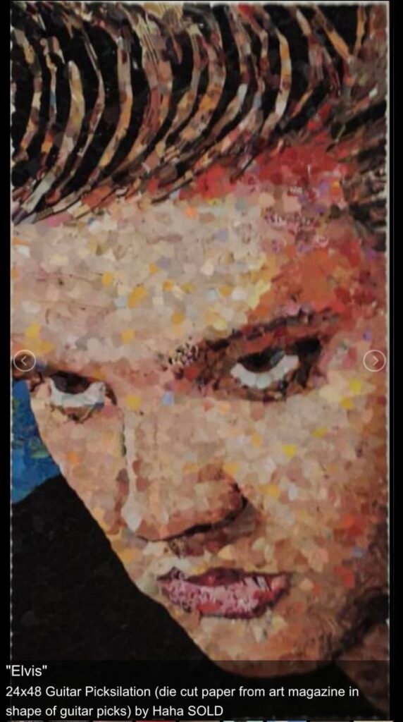 "Elvis". 24x48 Guitar Picksilation (die cut paper from art magazine in shape of guitart picks) by Haha.